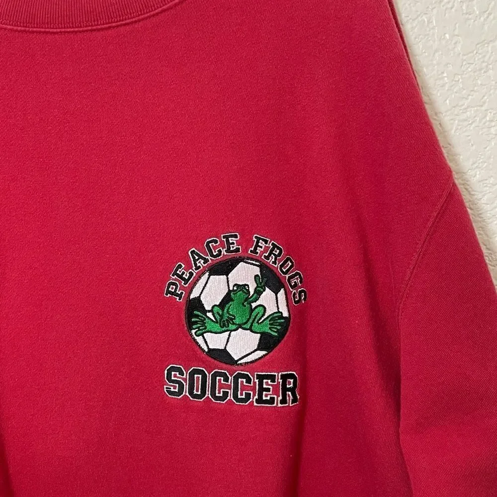 Vintage Peace Frogs Red Crew Neck Embroidered Soccer Sweatshirt Unisex Size XL